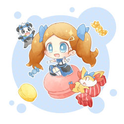 Rule 34 | 1girl, :d, akasaka (qv92612), blue eyes, blue ribbon, brown hair, buttons, commentary request, creatures (company), eyelashes, fennekin, food, frills, game freak, gen 6 pokemon, gloves, hair ornament, hair ribbon, hairclip, highres, long hair, nintendo, official alternate costume, open mouth, pancham, pokemon, pokemon (anime), pokemon (creature), pokemon xy (anime), ribbon, serena (pokemon), sitting, smile, sparkle, sweets, tongue, twintails, white gloves