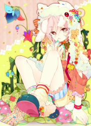 1boy animal_ears rabbit_ears flower hat male_focus nail_polish original pink_hair red_eyes ribbon short_hair shorts solo tongue touyama_soboro trap