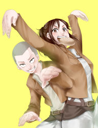 Rule 34 | 1boy, 1girl, arms up, bald, belt, bread, brown eyes, brown hair, buzz cut, connie springer, food, food in mouth, grin, highres, jacket, kung fu, long hair, looking at viewer, military, military uniform, mouth hold, ponytail, sasha blouse, shingeki no kyojin, short hair, smile, uniform, very short hair, wasabi (legemd), yellow background