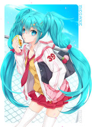 Rule 34 | 1girl, 39, aqua hair, bag, bespectacled, blue eyes, casual, collarbone, food, glasses, hair ornament, hairclip, hand in pocket, hatsune miku, highres, holding, jacket, juna, long hair, necktie, pleated skirt, skirt, solo, sweater, thighhighs, twintails, very long hair, vocaloid, waffle, white thighhighs, zettai ryouiki