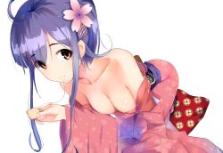 Rule 34 | 10s, 1girl, ahoge, blue hair, breasts, cleavage, collarbone, eating, flower, gin00, hair flower, hair ornament, japanese clothes, kantai collection, kimono, leaning forward, long hair, looking at viewer, off shoulder, red eyes, solo, taigei (kancolle), transparent background, white background