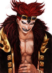 Rule 34 | 1boy, angry, bad id, bad pixiv id, creepy, eustass kid, fur, goggles, grin, horror (theme), lack, male focus, muscular, one piece, open clothes, open shirt, realistic, red hair, shirt, smile, solo