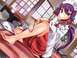 Rule 34 | 1girl, barefoot, cushion, feet, foot focus, hair ornament, headdress, japanese clothes, long hair, looking at viewer, miko, pov, purple hair, red eyes, sitting, smile, soles, toes