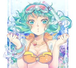 Rule 34 | 1girl, bracelet, breasts, bubble, cleavage, goggles, goggles on head, green eyes, green hair, gumi, halterneck, halterneck, highres, jewelry, looking at viewer, mask, mouth mask, nou (nounknown), pendant, scuba, underwater, vocaloid
