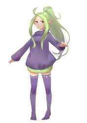 Rule 34 | 1girl, 3four, ahoge, casual, fire emblem, fire emblem awakening, green hair, long hair, nintendo, no shoes, nowi (fire emblem), parted bangs, pointy ears, ponytail, purple eyes, sidelocks, smile, solo, sweater, thighhighs, zettai ryouiki