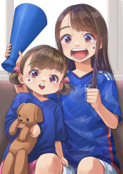 Rule 34 | 2022 fifa world cup, 2girls, :o, blue shirt, bow, brown eyes, brown hair, child, clenched hand, hair bow, japanese flag, jersey, long hair, looking at viewer, megaphone, multiple girls, original, otsu natsu, pink bow, shirt, short hair, short sleeves, short twintails, shorts, siblings, sisters, sitting, stuffed animal, stuffed dog, stuffed toy, swept bangs, twintails, world cup