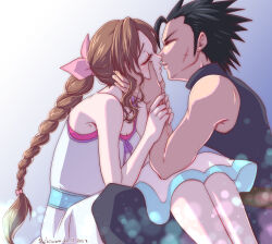 Rule 34 | 1boy, 1girl, aerith gainsborough, baggy pants, bare arms, bare shoulders, black hair, blue sweater, braid, braided ponytail, brown hair, closed eyes, commentary request, couple, crisis core final fantasy vii, cross scar, dated, dress, earrings, facial scar, final fantasy, final fantasy vii, from side, gradient background, hair ribbon, hair slicked back, hands on another&#039;s arms, hands on another&#039;s face, hetero, highres, imminent kiss, jewelry, light particles, long hair, pants, parted bangs, pink ribbon, ribbon, scar, scar on cheek, scar on face, shikiwo, sitting, sitting on lap, sitting on person, sleeveless, sleeveless dress, sleeveless turtleneck, spaghetti strap, spiked hair, stud earrings, sweater, turtleneck, turtleneck sweater, zack fair