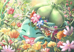 Rule 34 | :d, absurdres, blue flower, bulbasaur, closed eyes, commentary request, creatures (company), day, fang, flower, fuju1012, game freak, gen 1 pokemon, happy, highres, lying, nintendo, no humans, on stomach, open mouth, outdoors, pink flower, plant, pokemon, red flower, smile, vines