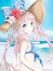 Rule 34 | 1girl, absurdres, arm strap, artist name, beach, bikini, bikini top only, blue bikini, blue bow, blue eyes, blue sky, bow, breasts, brown hat, cloud, day, fate/grand order, fate (series), floating hair, flower, hat, hat bow, hat flower, highres, long hair, looking at viewer, looking back, marie antoinette (fate), marie antoinette (fate/grand order), marie antoinette (swimsuit caster) (fate), marie antoinette (swimsuit caster) (third ascension) (fate), medium breasts, mian.h, ocean, open mouth, outdoors, red flower, sideboob, silver hair, sky, solo, straw hat, striped, striped bow, sun hat, swimsuit, twintails, upper body, very long hair, white flower