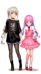 Rule 34 | 2girls, age difference, ahoge, ankle boots, arm behind back, as109, bag, black choker, black footwear, black pantyhose, black shirt, blue eyes, blue hair, blue skirt, blush, bobby socks, boots, braid, braod, child, choker, closed mouth, cross-laced footwear, dress, embarrassed, eyebrows, fashion, female focus, full body, handbag, height difference, heterochromia, highres, holding hands, hololive, kagura gumi, kagura mea, long hair, looking at viewer, mary janes, minato aqua, multiple girls, off shoulder, onee-loli, pantyhose, pink dress, pink footwear, pink hair, platinum blonde hair, ponytail, purple eyes, ribbon, shirt, shoes, simple background, single bare shoulder, skirt, socks, standing, very long hair, virtual youtuber, white background, white legwear, white socks, yellow eyes, yuri