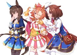 Rule 34 | 3girls, admire vega (umamusume), ahoge, animal ears, armor, bag, blue dress, breasts, brooch, brown hair, cape, closed mouth, corset, crown, dress, gloves, hand on own head, highres, horse ears, horse girl, horse tail, jewelry, laughing, long hair, medium breasts, meisho doto (umamusume), mini crown, multicolored hair, multiple girls, nanaheibei 3, neckerchief, necktie, one eye closed, orange hair, own hands together, ponytail, shirt, short hair, shoulder armor, shoulder bag, simple background, single glove, skirt, small breasts, smile, steepled fingers, t.m. opera o (umamusume), tail, thighhighs, two-tone hair, two-tone skirt, umamusume, white background, white gloves, white legwear, white neckerchief, white shirt