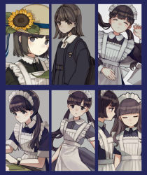 Rule 34 | 2girls, apron, black dress, black hair, black jacket, blunt bangs, brown eyes, brown hair, brown headwear, closed eyes, closed mouth, collared shirt, commentary request, dress, dress shirt, eyebrows hidden by hair, fingernails, flower, hat, hat flower, highres, jacket, kashiwagi chisame, light smile, long hair, low twintails, lying, maid, maid apron, maid headdress, multiple girls, on back, open clothes, open jacket, original, pinafore dress, profile, puffy short sleeves, puffy sleeves, school uniform, shirt, short hair, short sleeves, sleeveless dress, sun hat, sunflower, twintails, very long hair, watch, white apron, white shirt, wristwatch, yellow flower