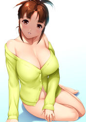 Rule 34 | 1girl, akizuki ritsuko, bare shoulders, bottomless, breasts, brown eyes, brown hair, cleavage, dragon@harry, highres, idolmaster, idolmaster (classic), large breasts, looking at viewer, naked shirt, parted lips, shirt, short hair, sitting, smile, solo