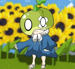 Rule 34 | 1girl, bad anatomy, child, dr. stone, flower, food, fruit, full body, helmet, long skirt, long sleeves, looking at viewer, melon, pointing, pointing to the side, sandals, self-upload, skirt, solo, standing, suika (dr. stone), sunflower, watermelon