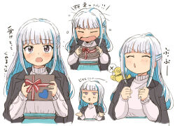 Rule 34 | 1girl, alternate costume, belt, bird, black coat, blue hair, blue skirt, blunt bangs, blush, box, brown belt, closed eyes, coat, coat on shoulders, colored inner hair, empty eyes, expressions, flying sweatdrops, gift, gift box, grey sweater, half updo, heart, holding, holding gift, holding sign, lize helesta, long hair, long sleeves, looking at viewer, loose hair strand, monocle, multicolored hair, nijisanji, open mouth, purple eyes, red ribbon, ribbon, sebastian piyodore, shrugging, sidelocks, sign, simple background, skirt, striped ribbon, sweater, translation request, triangle mouth, tsubobot, upper body, variations, virtual youtuber, w arms, white background, white hair, x