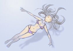 Rule 34 | 1girl, absurdres, bikini, breasts, closed eyes, collarbone, floating hair, frilled bikini top, from above, full body, highres, kon osm, long hair, medium breasts, navel, original, outstretched arms, partially submerged, purple bikini, shadow, solo, spread arms, swimming, swimsuit, water