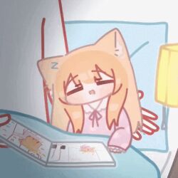 Rule 34 | 1girl, animal ears, animated, animated gif, blue archive, blunt bangs, chibi, closed eyes, commentary request, dark, halo, horuhara, korean commentary, lamp, long hair, lowres, mari (blue archive), no nose, open mouth, orange hair, pajamas, pillow, pink pajamas, polka dot, polka dot pajamas, raised eyebrows, sleeping, sleeves past fingers, sleeves past wrists, solo focus, very long hair, yellow halo, zzz