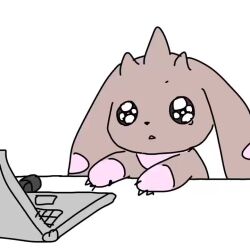 Rule 34 | animated, computer, crying, crying with eyes open, desk, digimon, digimon (creature), horns, laptop, long ears, lopmon, tears, video