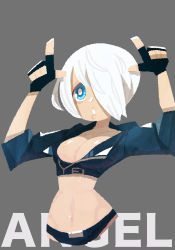 Rule 34 | 1girl, angel (kof), blue eyes, breasts, cleavage, fingerless gloves, gloves, hair over one eye, highres, large breasts, midriff, navel, revealing clothes, snk, the king of fighters, white hair, zettonamo888