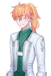 Rule 34 | 1boy, ^ ^, blonde hair, blush, closed eyes, closed mouth, fate/grand order, fate (series), hair between eyes, highres, id card, lanyard, long hair, looking at viewer, male focus, nipi27, parted lips, ponytail, romani archaman, simple background, smile, solo, uniform, upper body, white background