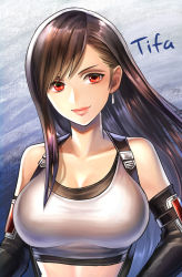 Rule 34 | 1girl, bare shoulders, black tank top, breasts, brown eyes, brown hair, cleavage, closed mouth, commentary request, earrings, elbow gloves, elbow pads, final fantasy, final fantasy vii, final fantasy vii remake, gloves, haru (toyst), jewelry, large breasts, long hair, midriff, shirt, skirt, smile, suspender skirt, suspenders, tank top, taut clothes, taut shirt, tifa lockhart, white tank top