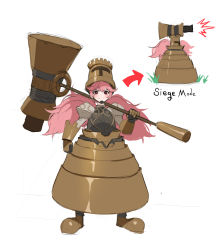 Rule 34 | 1girl, armor, arrow (symbol), blush, cannon, commentary request, copyright request, english text, full body, gauntlets, grin, hammer, helm, helmet, highres, holding, holding hammer, jason kim, juliet sleeves, long hair, long sleeves, looking at viewer, multiple views, pink hair, puffy sleeves, red eyes, simple background, smile, teeth, twintails, white background