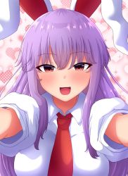 Rule 34 | 1girl, :d, animal ears, blush, breasts, commentary, foreshortening, fusu (a95101221), hair between eyes, incoming hug, large breasts, looking at viewer, necktie, open mouth, rabbit ears, reaching, reaching towards viewer, red eyes, red necktie, reisen udongein inaba, shirt, short sleeves, simple background, smile, solo, speech bubble, touhou, white background, white shirt
