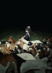 Rule 34 | 1girl, :d, absurdres, black hair, black serafuku, blue eyes, blurry, depth of field, goat, goat horns, grass, highres, horns, long hair, looking at viewer, looking to the side, neckerchief, night, open mouth, original, outdoors, realistic, sailor collar, school uniform, serafuku, sidelocks, smile, solo, standing, stuffed animal, stuffed penguin, stuffed toy, suibotsu (wired), upper body, white sailor collar, yellow neckerchief