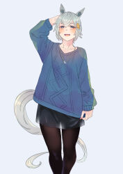 Rule 34 | 1girl, absurdres, animal ears, arm up, black pantyhose, black skirt, blue eyes, blue sweater, commentary request, doushi tatsu to dekkai no, feet out of frame, grey hair, hair between eyes, hair ornament, hairclip, highres, horse ears, horse girl, horse tail, jewelry, long sleeves, necklace, open mouth, pantyhose, seiun sky (umamusume), simple background, skirt, smile, solo, standing, sweater, tail, teeth, umamusume, upper teeth only, white background