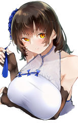 Rule 34 | 1girl, absurdres, bare shoulders, blush, bow, breasts, brown eyes, brown hair, china dress, chinese clothes, dress, elbow gloves, girls&#039; frontline, gloves, hair bow, hair ribbon, hand on own chest, highres, kyoyakyo, large breasts, long hair, looking at viewer, official alternate costume, ribbon, smile, solo, solo focus, type 95 (girls&#039; frontline), type 95 (narcissus) (girls&#039; frontline), white background, white dress