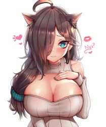 Rule 34 | 1girl, ahoge, animal ear fluff, animal ears, aqua eyes, ayumi oneesan, bare shoulders, breasts, brown hair, cat ears, cleavage, commentary, english commentary, grey nails, hair over one eye, hair over shoulder, heart, heart-shaped pupils, indie virtual youtuber, kaptivate, large breasts, lipstick mark, long hair, long sleeves, looking at viewer, low-tied long hair, meme attire, nail polish, nyan, open-chest sweater, ribbed sweater, simple background, solo, sweater, symbol-shaped pupils, turtleneck, turtleneck sweater, twitch.tv, upper body, virtual youtuber, white background