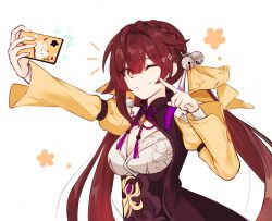 Rule 34 | 1girl, braid, breasts, brown eyes, brown hair, cellphone, chinese clothes, closed mouth, commentary, hair ornament, hair ribbon, hand up, highres, holding, holding phone, honkai: star rail, honkai (series), long hair, long sleeves, medium breasts, mi (27782900), one eye closed, phone, ribbon, selfie, simple background, smartphone, smile, solo, sushang (honkai: star rail), twintails, upper body, white background, yellow ribbon