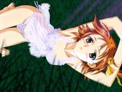 Rule 34 | 1girl, armpits, arms up, barefoot, blue panties, blush, breasts, covered erect nipples, from above, grass, green eyes, hair ribbon, hosoda naoto, lace, lace panties, lime-iro senkitan, lingerie, lying, negligee, on back, orange hair, outdoors, panties, red hair, ribbon, sanada momen, short hair, side-tie panties, side ponytail, solo, thigh gap, thighs, third-party edit, underwear, wallpaper, watanabe mayumi