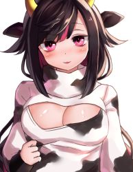 Rule 34 | 1girl, animal ears, animal print, blush, breasts, brown hair, cleavage, cleavage cutout, clenched hand, clothing cutout, commentary request, cow ears, cow horns, cow print, hand up, highres, horns, large breasts, long hair, long sleeves, looking at viewer, neit ni sei, nijisanji, red eyes, smile, solo, upper body, virtual youtuber, white background, yamiyono moruru
