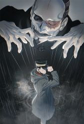 Rule 34 | 2boys, black eyes, black hair, blue jacket, buzz cut, closed eyes, collared jacket, facial hair, forehead protector, from above, goatee, golden kamuy, hat, hood, hooded coat, imperial japanese army, jacket, kepi, long sleeves, male focus, military, military hat, military uniform, multiple boys, mustache, projected inset, puppet strings, rain, scar, scar on face, short hair, simple background, tsukishima hajime, tsurumi tokushirou, uniform, very short hair, w55674570w