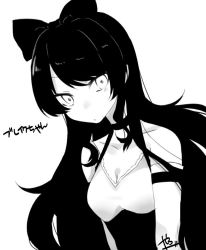 Rule 34 | 1girl, abe suke, bare shoulders, blake belladonna, bow, breasts, character name, choker, cleavage, closed mouth, commentary request, greyscale, hair bow, long hair, looking at viewer, medium breasts, monochrome, rwby, sidelocks, signature, simple background, solo, upper body, white background