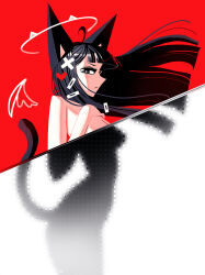 Rule 34 | 1girl, andaerz, animal ears, cat ears, cat girl, cat tail, commentary, drawn wings, english commentary, from side, hair ornament, hairclip, halo, highres, hime cut, long hair, looking at viewer, original, profile, red background, silhouette, simple background, solo, squinting, standing, tail, topless