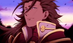 Rule 34 | 1boy, armor, brown hair, closed mouth, cloud, cloudy sky, dusk, facing viewer, fire emblem, fire emblem fates, japanese armor, looking at viewer, male focus, nintendo, no headwear, outdoors, portrait, ryoma (fire emblem), sky, solo, yamato0618