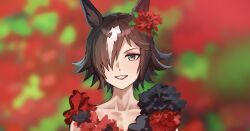Rule 34 | 1girl, :d, bad id, bad twitter id, bare shoulders, blurry, blurry background, brown eyes, brown hair, collarbone, dress, flower, formal, grin, hair flower, hair ornament, hair over one eye, highres, lipstick, looking at viewer, makeup, nayuta ggg, open mouth, red dress, red flower, red lips, smile, solo, teeth, umamusume, upper body, vodka (umamusume)