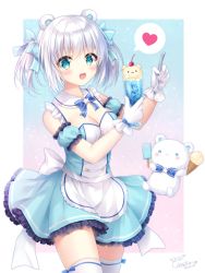 Rule 34 | 1girl, :d, animal, animal ears, apron, bear, bear ears, blue bow, blue dress, blue sleeves, blush, bow, breasts, cleavage, collar, commentary request, cup, dated, detached collar, detached sleeves, dress, drinking glass, food, frilled dress, frills, gloves, green eyes, hair bow, heart, highres, holding, holding cup, holding food, holding spoon, ice cream, ice cream cone, ice cream float, kohinata hoshimi, looking at viewer, medium breasts, open mouth, original, popsicle, puffy short sleeves, puffy sleeves, short sleeves, signature, silver hair, smile, solo, spoken heart, spoon, striped, striped bow, thighhighs, twintails, waist apron, white apron, white collar, white gloves, white thighhighs