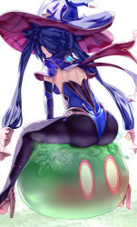 Rule 34 | 1girl, ass, back, black pantyhose, blue leotard, capelet, facing away, from behind, fur collar, genshin impact, gold trim, hat, high heels, highres, leotard, long hair, mona (genshin impact), pantyhose, purple hair, purple headwear, sitting, slime (genshin impact), sparkle print, twintails, uenoryoma, vision (genshin impact), witch hat