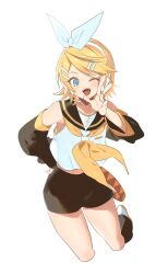 Rule 34 | 1girl, black shorts, blonde hair, blue eyes, highres, kagamine rin, lunch (lunchicken), one eye closed, short hair, shorts, solo, vocaloid, white background