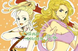 Rule 34 | 2girls, ayla (chrono trigger), blonde hair, blue eyes, breasts, chrono trigger, closed mouth, club (weapon), curly hair, fur bikini, hakutake, holding club, holding weapon, long hair, looking at viewer, marle (chrono trigger), multiple girls, open mouth, ponytail, smile, v, weapon