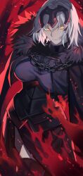 Rule 34 | 1girl, absurdres, armor, armored dress, black cape, black dress, black thighhighs, cape, chain, closed mouth, commentary request, dress, expressionless, fate/samurai remnant, fate (series), fire, fur-trimmed cape, fur trim, hair between eyes, head tilt, headpiece, highres, jeanne d&#039;arc alter (fate), looking at viewer, ninopontro, pale skin, plackart, short hair, slit pupils, solo, thighhighs, white hair, yellow eyes