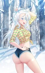 Rule 34 | 1girl, absurdres, ass, forest, hand on own hip, highres, indie virtual youtuber, long hair, looking at viewer, looking back, midriff, mikazuki silvi, nanase (ribonshitoron), nature, open mouth, owl ears, owl girl, snow, solo, thighs, virtual youtuber