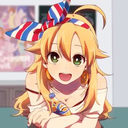 Rule 34 | 1girl, :d, ahoge, bare shoulders, blonde hair, blurry, bottle, breasts, cleavage, collarbone, crossed arms, depth of field, earrings, fingernails, french flag, green eyes, hairband, hoshii miki, idolmaster, idolmaster (classic), jewelry, long hair, looking at viewer, maguro (ma-glo), medium breasts, off shoulder, open mouth, orangina, poster (medium), poster (object), short sleeves, smile, solo, strap slip
