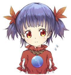 Rule 34 | 1girl, aged down, alternate hairstyle, blue hair, commentary request, flying sweatdrops, hair ornament, highres, layered sleeves, leaf hair ornament, light frown, looking away, mirror, red eyes, red shirt, rope necklace, shirt, short hair, simple background, solo, tareme, tatuhiro, touhou, two side up, upper body, white background, yasaka kanako