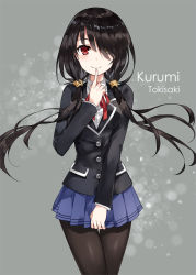 Rule 34 | 1girl, asle, black hair, black jacket, black pantyhose, blazer, blue skirt, blush, character name, closed mouth, collared shirt, commentary request, date a live, finger to mouth, fingernails, grey background, hair over one eye, index finger raised, jacket, long hair, long sleeves, low twintails, neck ribbon, pantyhose, pleated skirt, red eyes, red ribbon, ribbon, shirt, skirt, smile, solo, thigh gap, tokisaki kurumi, twintails, very long hair, white shirt