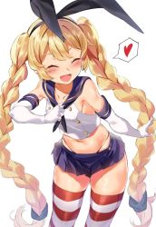 Rule 34 | 1girl, black panties, blonde hair, blue sailor collar, blue skirt, braid, closed eyes, commentary request, cosplay, cowboy shot, crop top, elbow gloves, girls&#039; frontline, gloves, hairband, heart, highleg, highleg panties, kantai collection, long hair, miniskirt, open mouth, panties, pooor, sailor collar, shimakaze (kancolle), shimakaze (kancolle) (cosplay), simple background, skirt, smile, solo, spoken heart, sr-3mp (girls&#039; frontline), standing, striped clothes, striped thighhighs, thighhighs, twin braids, underwear, very long hair, white background, white gloves, white hairband