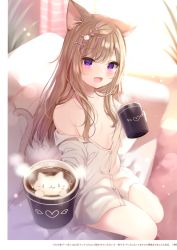 Rule 34 | 1girl, :d, absurdres, animal ears, braid, brown hair, cat ears, cat girl, cat tail, couch, cup, fang, flat chest, hair ornament, hairclip, highres, holding, indoors, leo (mafuyu), long hair, long sleeves, mafuyu (chibi21), mug, multicolored hair, no bra, off shoulder, on couch, open mouth, original, purple eyes, scan, shirt, sitting, smile, solo, steam, streaked hair, tail, white shirt